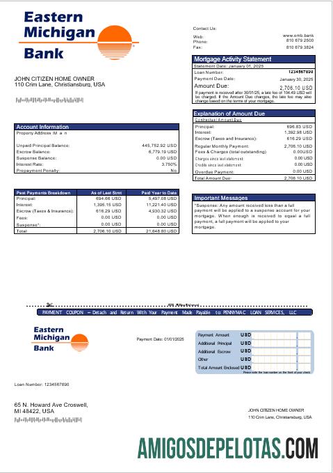 Extrato de hipoteca do USA Eastern Michigan Bank em formatos Word e PDF modelo